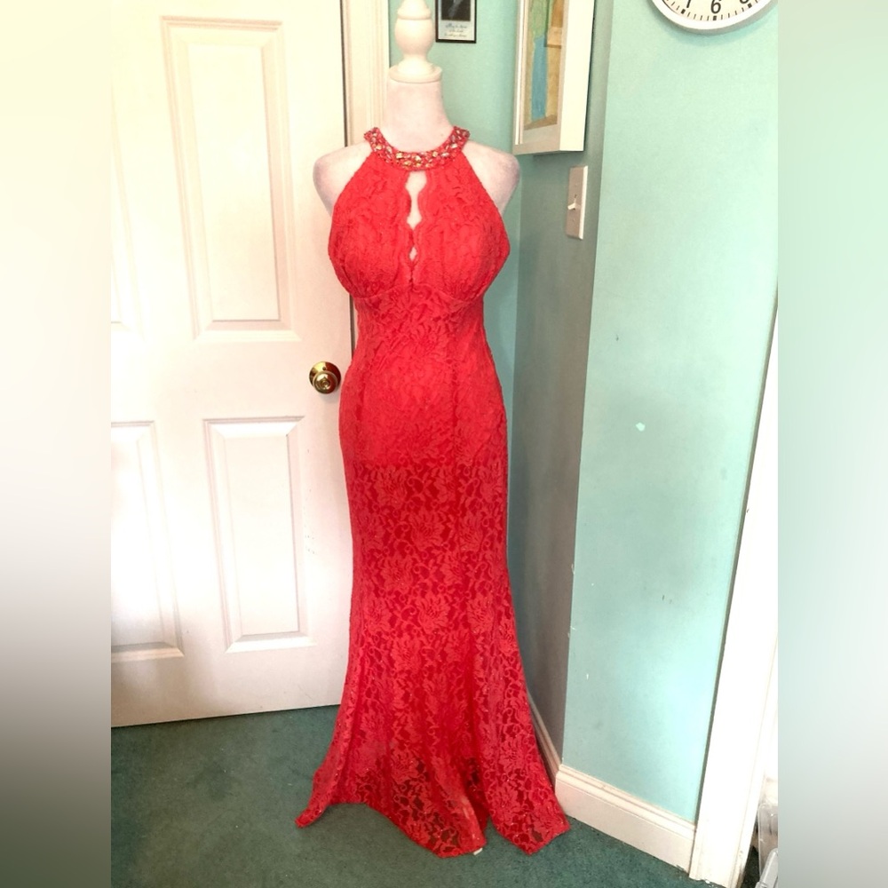 Elegant Coral Lace Halter Gown
